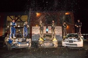 Pacific Forest Rally 2013--(centre) Winners Antoine L'Estage and Craig Parry (Mitsubishi Lancer EvoX); (left) Patrick Richard and Robert Fagg (Subaru Impreza WRX); Taylor Nelson and Remington Edwards (Subaru Impreza WRX). CRC Photo.