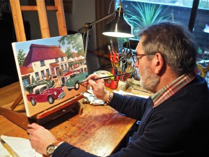 ABFM artist in residence Michael Stockdale at work putting the final touches on this year commissioned official awards painting, Saturday Lunch at The Old Crow.